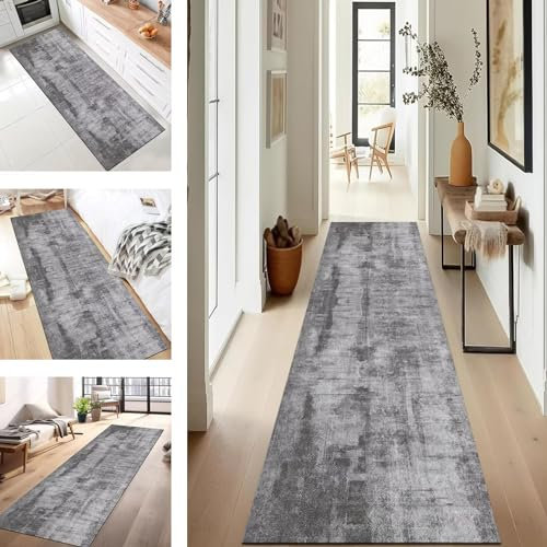SUCERU Teppich Läufer Lang Flur Küche rutschfest Waschbar Küchenläufer 50X200CM Grau Modern Teppichmatten Polyester Korridor Teppichläufer Flur Wohnzimmer Schlafzimmer Schmutzfangmatte Küchenteppich