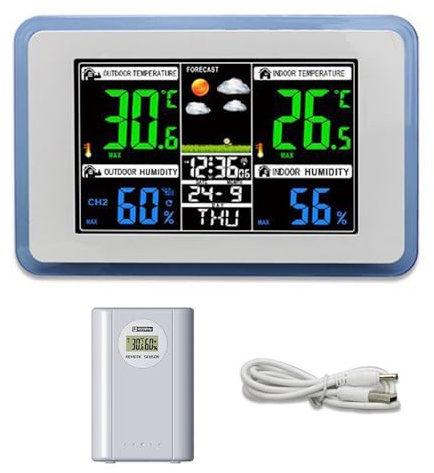 Jemora Station météo multifonctionnelle sans fil pour maison/bureau, horloge à affichage numérique couleur 433 MHz, testeur de température extérieure et intérieure, hygromètre, prévisions météorologiq
