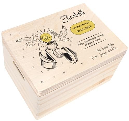 Creative Deco Personalisiert Kommunion Geschenke für Mädchen und Jungen - Holzkiste | Mehrere Kommunion Motiv | Individuelle Geschenk Erinnerungsbox | Erstkommunion Deko