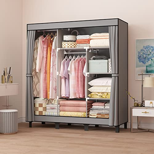 LOEFME Canvas Wardrobe 172 * 130 * 45cm Wardrobes for Bedroom Portable Shelves Storage Organiser Fabric Wardrobes for Bedroom with 2 Hanging Rails 16 * 0.22mm Tubes Folding Wardrobe Grey