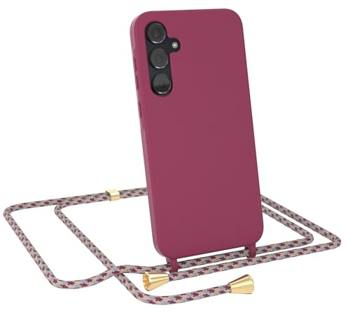 EAZY CASE - Hülle mit Band kompatibel Samsung Galaxy A35 Handyhülle für Galaxy A35 Hülle Silikon mit Mikrofaser stoßfester Fallschutz Kette zum Umhängen Handykordel in Rot Camouflage - Clips Gold