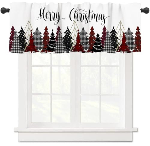 ubnlkto Weihnachtsvolant-Vorhänge, 137 x 45,7 cm, Motiv: Frohe Weihnachtsbaum, Winter, Stangentasche, Fensterbehandlung für Küche, Schlafzimmer, Badezimmer, Wohnzimmer, Urlaubsdekoration (1 Panel)