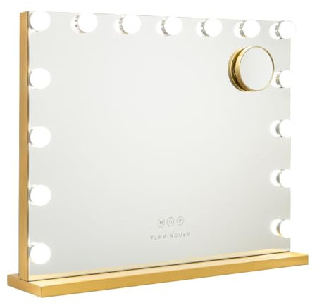 Flamingueo Schminkspiegel mit Beleuchtung - 15 LED - 3 Modi - Einstellbare Intensität - Touch Control - USB Port - Vergrößerungsspiegel Inklusive - Kosmetikspiegel - Gold - 58x12x48cm