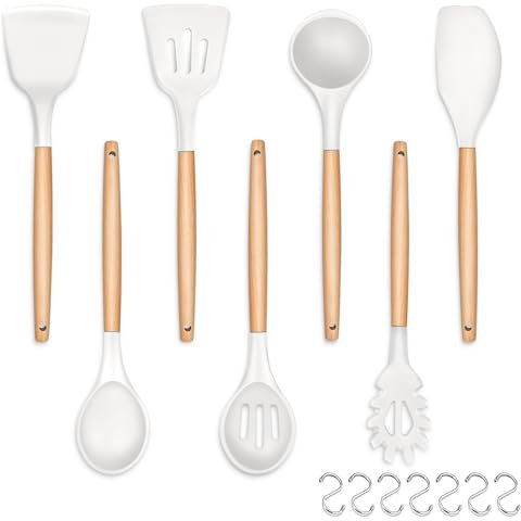 HaWare Kitchen Utensils Set, 7-Piece White Silicone Cooking Utensil, Heat Resistant Wooden Handle for Non-Stick Cookware, Kitchen Tools Include Spatula Ladle Turner Spoon Pasta Server, Easy to Clean