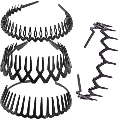 GWAWG 4 Pcs Serre Tete Homme, Bandeaux Ondulés Élastique Noir Antidérapant, Multi-Style Bandeaux en Plastique pour Femmes et Hommes, Accessoires Sport Unisexe Idéaux pour Yoga, Fête et Vie Quotidienne