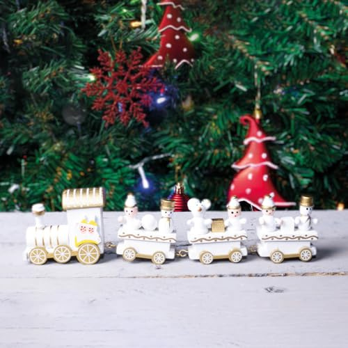 White & Gold Wooden Train Set Christmas Decoration with 3 Detachable Carriages & Snowman Figurines – Traditional Festive Xmas Ornament for Tabletop, Windowsill, Fireplace – H5.5 x W20 x D2.8cm