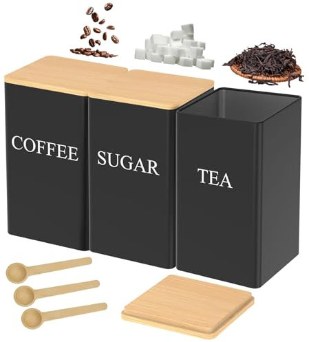 XoeLLe 3pcs Almacenaje Cocina, Recipientes Herméticos para Alimentos con Tapa, Tarros Cocina Almacenaje con Tapa de Bambú y Cuchara, Almacenamiento Cocina, para Té Adecuado, Café Azúcar Té
