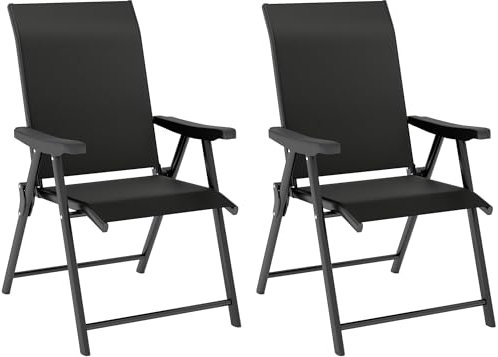 Outsunny Garden Dining Chairs Set of 2, Folding Garden Chairs with All Weather Texteline Back and Seat, Outdoor Dining Chair with Armrests, Steel Frame for Terrace Balcony, Black
