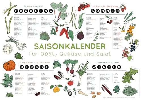 Saisonkalender für Obst, Gemüse und Salat: Was ist reif zu welcher Jahreszeit? Wandbild auf stabilem Karton zum Aufhängen mit Öse. Für alle, die nachhaltig essen u. saisonal-regional einkaufen wollen