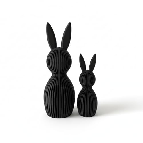 Scandi Osterhase 3D Deko – Minimalistische Osterdekoration im skandinavischen Design – Gerippte Oberfläche – Moderne Frühlingsdeko 3D-Druck – Set aus Klein 11 cm und Groß 16 cm (schwarz matt)