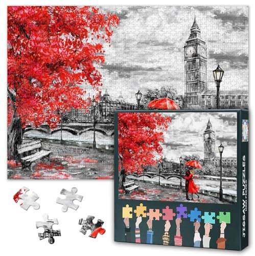 Puzzle 1000 Teile, Schwarz-Weiß-Puzzles für Erwachsene, London-Ölgemälde-Puzzle, Big Ben Red Umbrella Challenge Puzzles für Erwachsene, 1000 Teile, Fertige Größe 50 x 70 cm