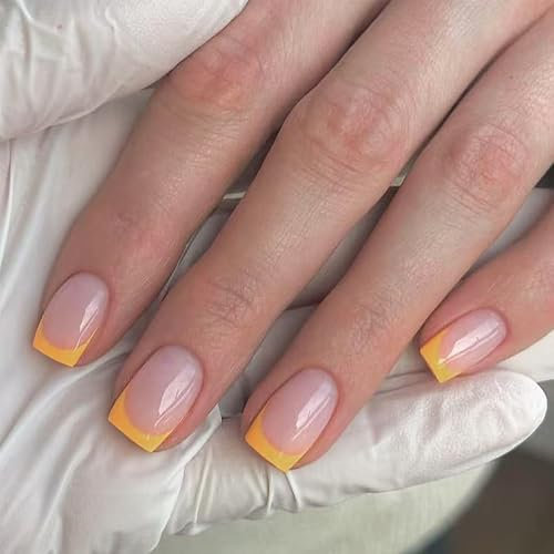 Short Square False Nails - 24pcs Yellow Acrylic Press on Nails - Fake Nails with Glue in 12 Sizes - Glossy Full Cover French Tip nails with Nail File & Nail Sticky Tabs