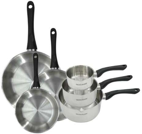 Fackelmann 9444050 Set 3 poêles 20 24 et 28 cm et 3 casseroles 12 16 et 20 cm en inox 18/8, tous feux, induction, sans PFAS, Acier inoxydable 18/8, 12 16 20 24 28 cm, Gris Argent