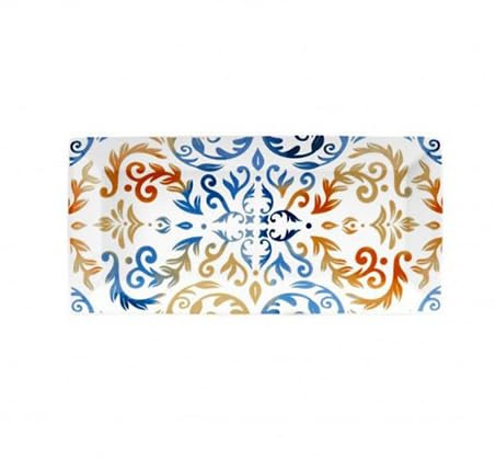 FADE Maison vassoio rettangolare in porcellana collezione Asia con decoro arabesque blu giallo e bianco 32,5x15,5 cm
