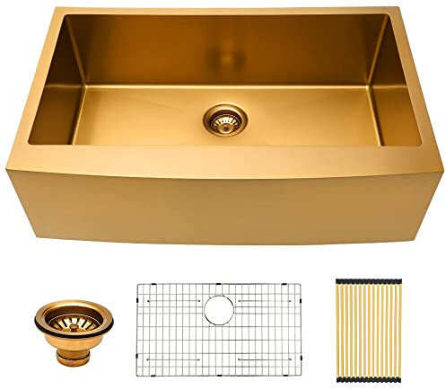 Lordear Gold Farmhouse Sink 36 inch Kitchen Sink Apron Front 16 Gauge Matte Gold Stainless Steel Deep Single Bowl Farm Sinks Basin