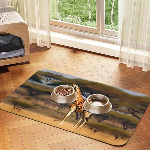 Afrika Giraffe Majestätischer Baum Druck Haustier saugfähige Tischdecke, spezielles Pad für Futternäpfe, rollbar zur Aufbewahrung, ideal für Futternäpfe
