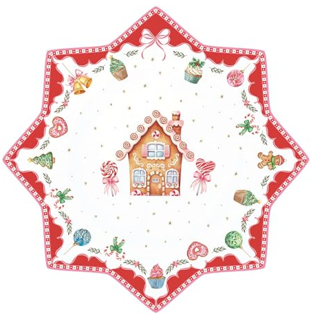 Easy Life Sweet Christmas Kuchenplatte, Porzellan, 32 cm, Weihnachtliches Design mit Lebkuchenhaus und Festlichen Motiven