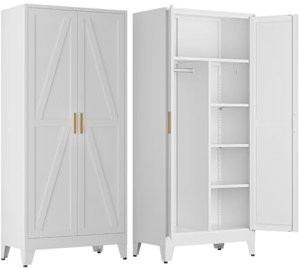 COFaR Metal Wardrobe Closet, Bedroom Armoire with Adjustable Hanging Rod and Shelves, Farmhouse Broom Closet Storage Cabinet for Garage Laundry Office, Roperos para Guardar Ropa, 71'' Tall White