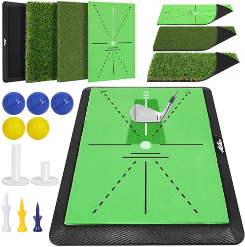 MoKo golfmatta 3 i 1 med svängbana, feedback och gummibas | Golfmatta med utbytbar Rough, Fairway och puttingytor; inklusive 5 bollar, 2 teer och 3 golfstift