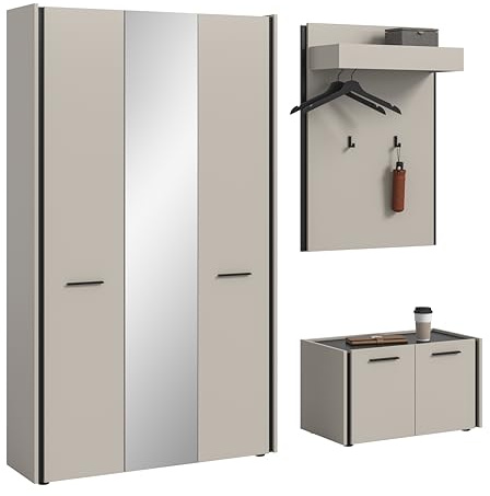 xonox.home – 3-TLG. Garderobenkombiation Emil 197x190x40 cm in Kaschmir Melamin und schwarzen Akzenten – große Garderobenkombination im modernen Flur