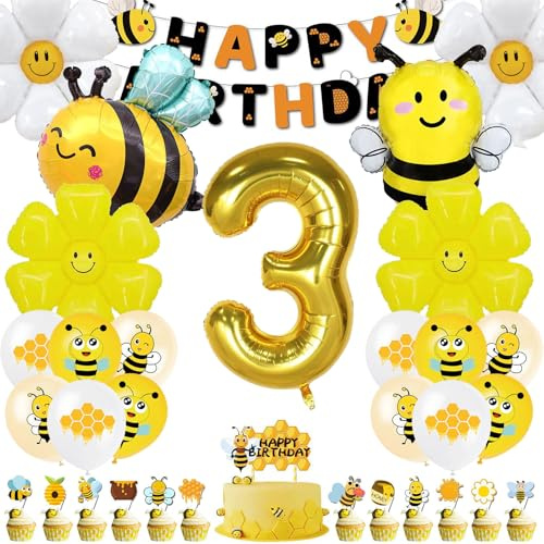 48 Stück Biene Geburtstag Deko, Tortendeko Geburtstag Biene Luftballons Mit Happy Birthday Girlande, Gänseblümchen Folienballon Gold Luftballon für 3 Jahre Party Ballon