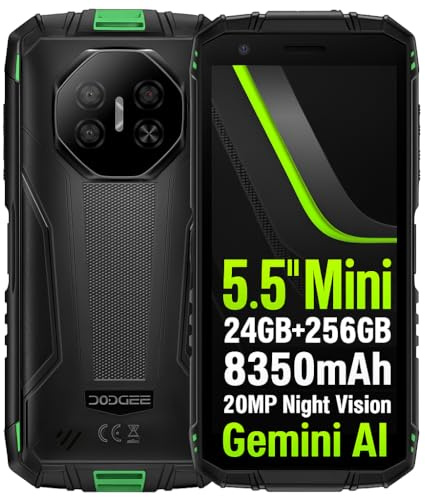 DOOGEENEXT Mini Smartphone Rugged Fire 3 Ultra, 24GB+256GB, 20MP Visione Notturna Telecamera, 5,5 HD+, Corpo Compatto+Facile da Impugnare, 8350mAh Batteria, AI Gemini, Cellulare Antiurto, NFC Verde