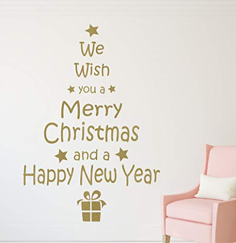 timalo® Wandtattoo Tannenbaum – Text Frohe Weihnachten Merry Christmas Happy New Year – Fensterbild | 70032-schwarz-58x100
