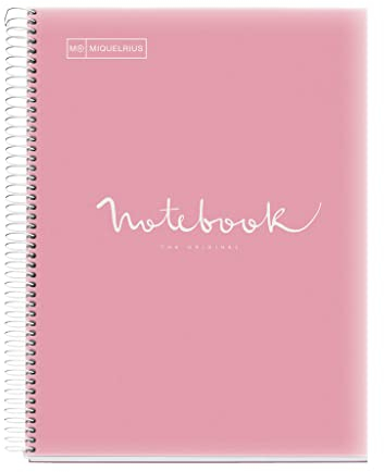 Miquelrius - Notizbuch A4 Notebook Emotions, 120 Blatt 90 g/m², Raster 5 x 5 mm, 5 Farbige Streifen, Mikroperforierte Spirale, Polypropyleneinband, Rosa