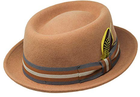 Borges & Scott Premium Defoe - Porkpie Hut mit Abnehmbarer Feder - 100% Wollfilz - Wasserabweisend - Für die Reise aufrollbar - 62cm Karamell