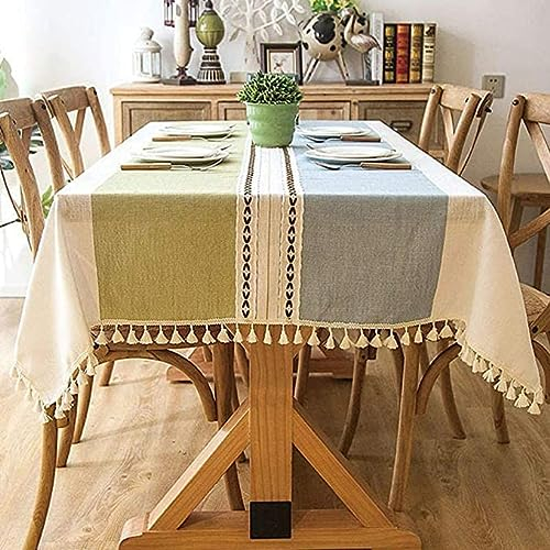 Pahajim Tischdecke Abwaschbar Baumwolle Leinen Tischdecken Wasserdicht Quaste Tischtuch Moderne Einfache Streifen für Home Küche Speisetisch Dekoration(Blau Grün, 140 x 180 cm)