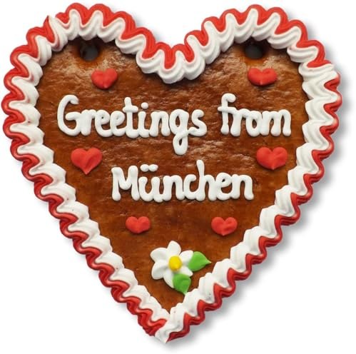 Lebkuchenherz 16cm mit Spruch - Greetings from München | Bayerische Geschenke München | International Grüße aus München versenden | Bayerische Lebkuchenherzen günstig bestellen von LEBKUCHEN WELT