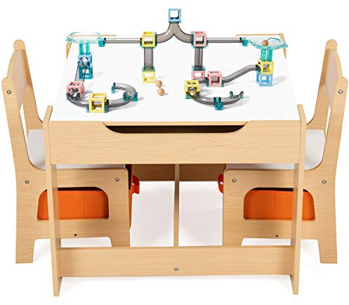 DREAMADE Kindertisch mit 2 Stühlen, 3tlg. Kindersitzgruppe Holz, Kindersitzgarnitur mit Tafel und Stauraum, Kinder Malttisch mit Tafel, Schreibtisch Stuhl Kindermöbel, Kindersitz Set (Natur)