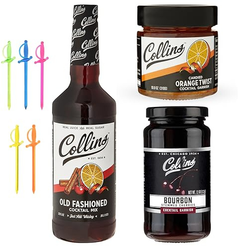 Collins Old Fashioned Kit, Whiskey Cocktail Mix, Orange Garnish, Bourbon Cherries, Drink Picks, Home Bar Accessories, Home Bar Kit, Barkeeper Mixer, Drinking Gifts, Mixology Cocktail Kit, Set of 4