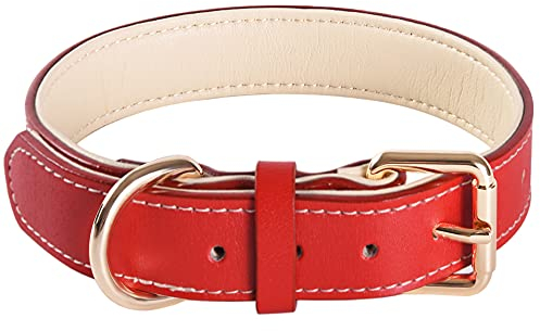 Adjustable Genuine Soft Leather Dog Collar of Padded Best for Small Medium Large Breed Dogs(S, Red)