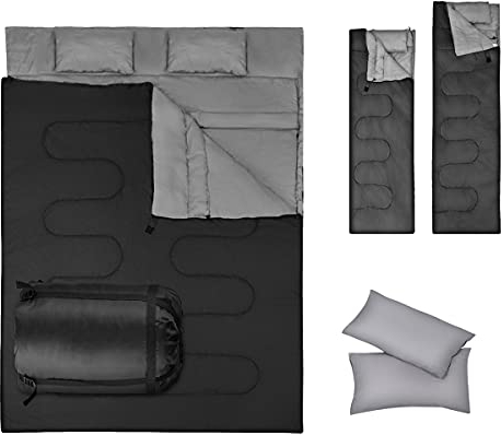 RELAX4LIFE Doppel Schlafsack für 1 oder 2 Personen, multifunktionaler Deckenschlafsack, Einzelschlafsack mit 2 Kopfkissen & Tragetasche, wasserdichter Sommerschlafsack Drinnen & Draußen (Schwarz)