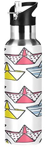 Vnurnrn Schiff Boot Pollka Dot Cartoon Trinkflasche Wasserflasche mit Strohhalm 600ML, Thermosflasche Vakuumisolierte aus Edelstahl 18/8, BPA-frei für Kinder Sport Wandern Schule