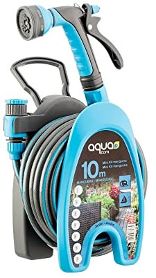 Suinga Kit de Manguera jardín 9mm 10 metros con soporte, racores y pistola de riego con 7 funciones