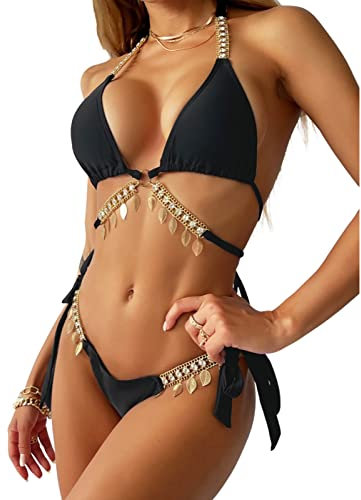 Dazzerake Costumi da Bagno da Donna Sexy Bikini Due Pezzi Imbottito Reggiseno Regolabile Halter Triangolo Top Push Up Bikini Mare Lucente Clubwear Spiaggia (E-Nero, S)