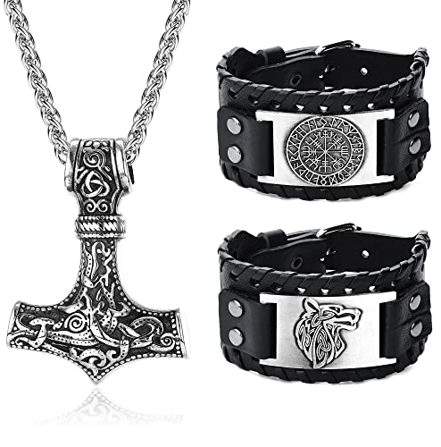Adramata Wikinger Halskette Wikinger Armbänder für Herren Amulett Schmuck Thors Hammer Halskette Nordisches Vegvisir Wikinger Armband Wolf Fenrir Armband Set