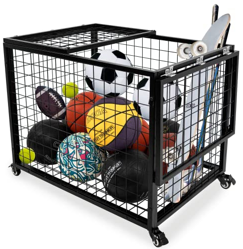 Ball Cart Garage Sports Equipment Organizer with Lockable Lid, Basketball Storage Bin for Indoor Outdoor, Rolling Exercise Ball Cart Holder for Gym, School, Club