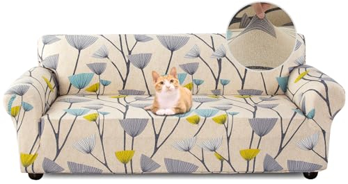 Jaotto Sofabezug 3 Sitzer Elastischer Stretch Spandex Sofa Überwürfe Sofahusse Antirutsch Waschbar Sofaschoner Couchbezug für Sofa mit Armlehne,Beige Blätter