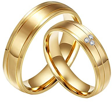 Eheringe Paar Edelstahl, Paarringe für Sie und Ihn Gold 6MM Breite Poliert Runden Zirkonia Verlobungsringe Eheringe Paar Damen Gr. 49 (15.6) & Herren Gr. 54 (17.2)
