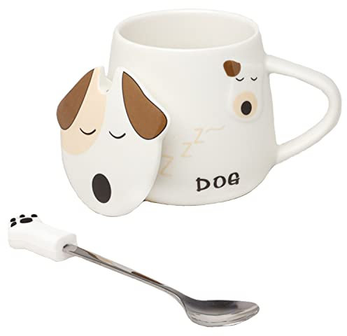 G Decor Dog Ceramic Coffee Tea Mug with Matching Lid Drinks Mug Cup for Tea or Coffee, 250ml (Brown Sleepy Dog)