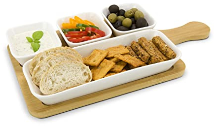 ROMINOX Geschenkartikel Servierschalen // Quattro Bamboo, 5-teiliges Set aus 4 Keramikschälchen auf Bambusbrett mit Griff, für Snacks, Antipasti oder Tapas mit Dips; ca. 35.5 x 18.5 x 3.7 cm