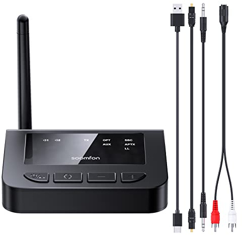 aptX LL Transmisor Bluetooth TV - SOOMFON Adaptador Emisor Audio Bluetooth 5.0 con Control Volume, para TV/PC a 2 Auriculares/Altavoces, aptX Baja Latencia, 30 a 70m Largo Alcance, Aux/RCA/Óptica