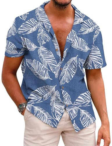 COOFANDY Men's Hawaiian Floral Shirts Cotton Short Sleeve Front Pocket Casual Summer Beach Shirt Tops Blue XL