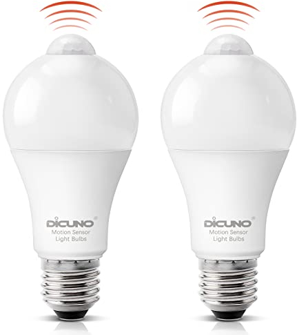DiCUNO Ampoule detecteur de mouvement PIR E27, 12W LED PI-Sensor remplace 100W, Blanc froid 5000K, 1100LM, Angle de faisceau de 120°, Ampoule LED E27 à détecteur de lumière, Non dimmable, 2 Pièces