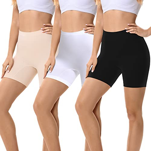 FALARY Radlerhose Damen Unterhose Atmungsaktiv Anti Scheuern Kurze Leggings Sommer Hose für Unter Kleid Schwarz Beige Weiß M 3er Pack