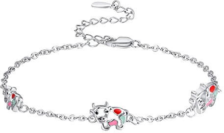 KINGWHYTE Kuh Armbänder Damen Silber 925 Sterling Silber Süßes Kühe Armband Mädchen Verstellbares Armkette Milchkühe Schmuck für Frauen Mädchen Kinder