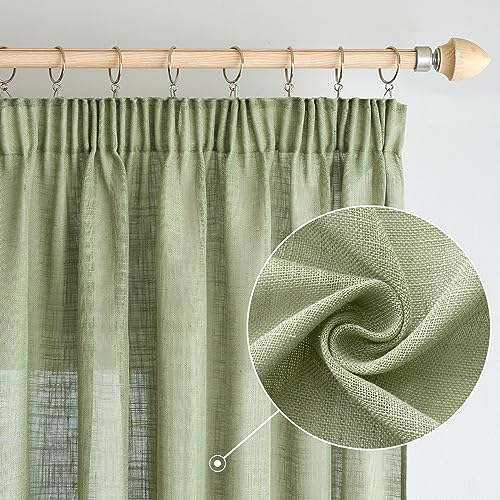 Woaboy Leinen Gardinen mit Kräuselband Vorhänge Wohnzimmer Leinenoptik Halbtransparent Stores Gardine Schlafzimmer Modern Schlaufengardinen 2er Set 140x225cm (BxH) Grün